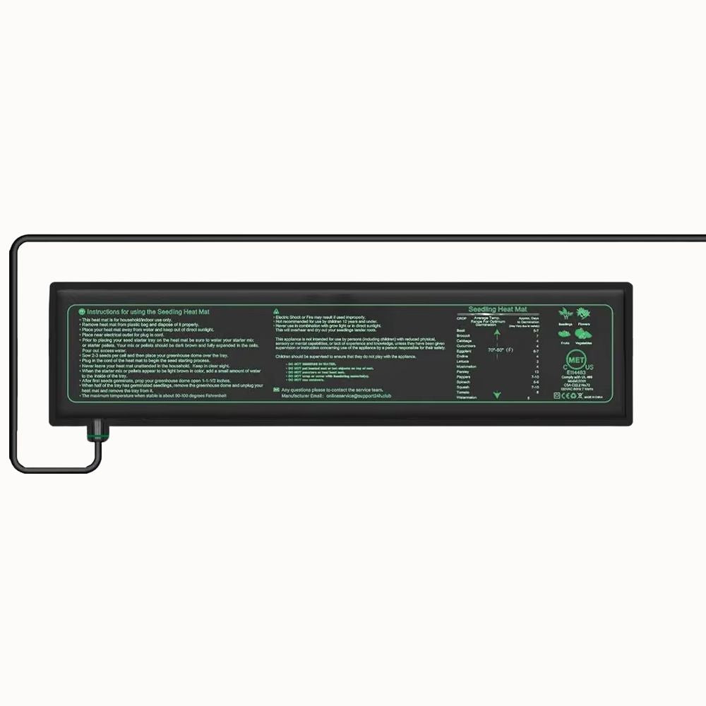 Tapis chauffant pour plantes de 10x52 cm avec câble d'alimentation et indications techniques visibles