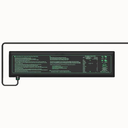 Tapis chauffant pour plantes de 10x52 cm avec câble d'alimentation et indications techniques visibles