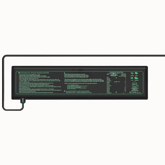 Tapis chauffant pour plantes de 10x52 cm avec câble d'alimentation et indications techniques visibles