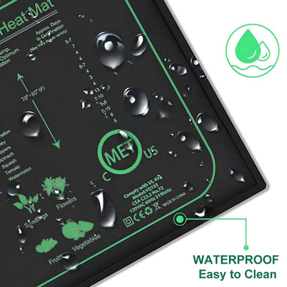 Tapis chauffant pour plantes avec surface noire et gouttes d'eau, format 10x52 cm pour semis