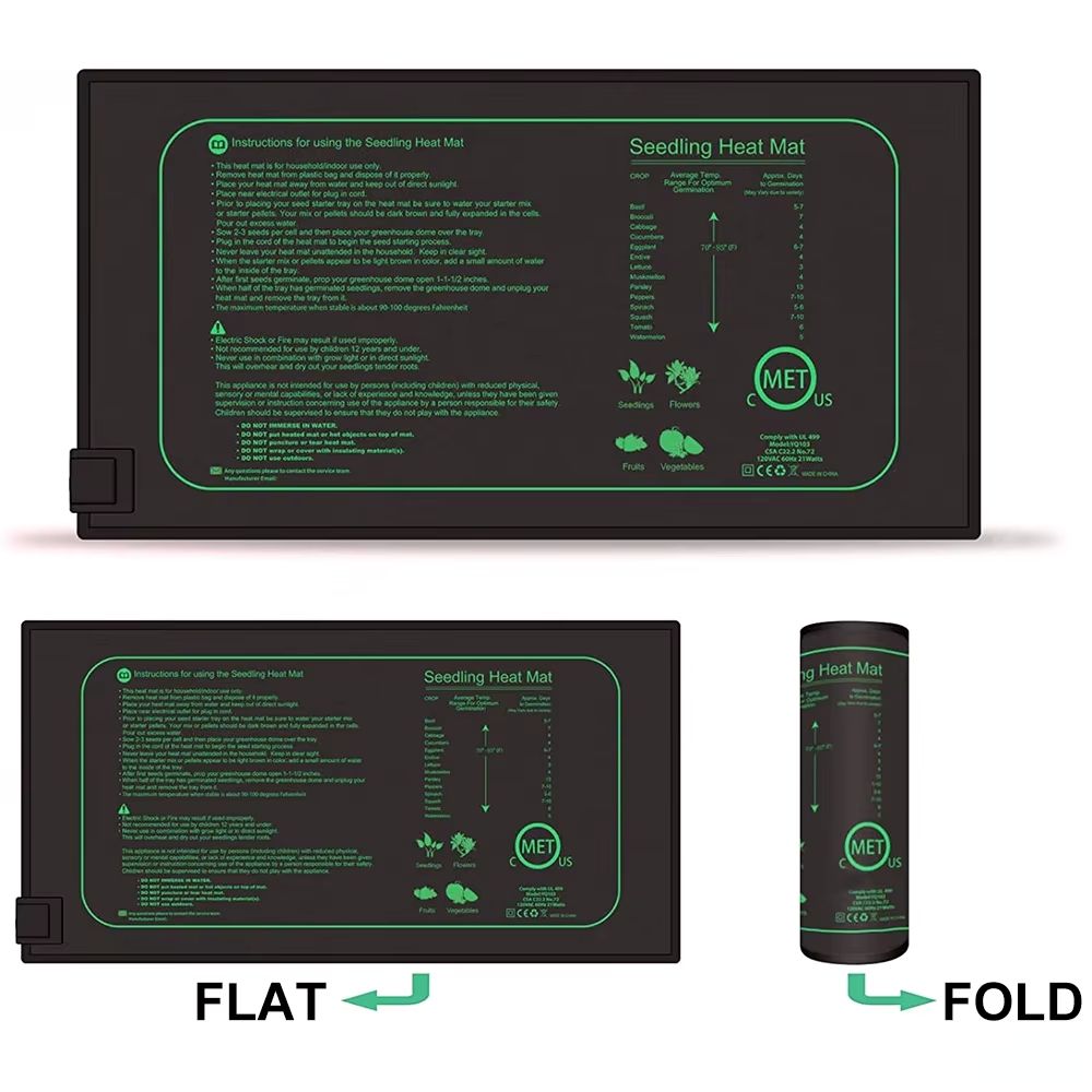 Tapis chauffant pour semis et bouturage, format 10x52 cm, surface noire avec indications vertes