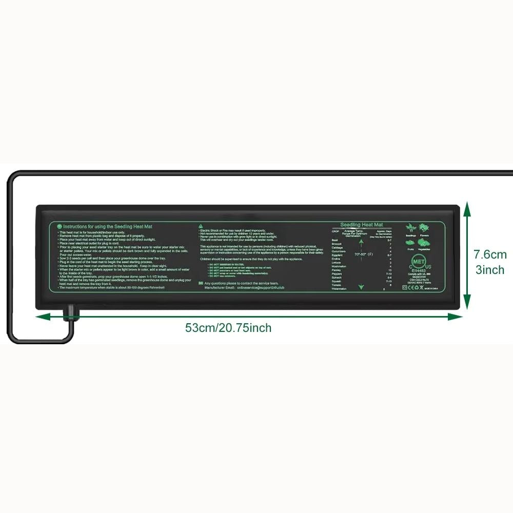 Tapis chauffant pour plantes de 10x52cm avec connecteur et indications techniques visibles sur le dessus
