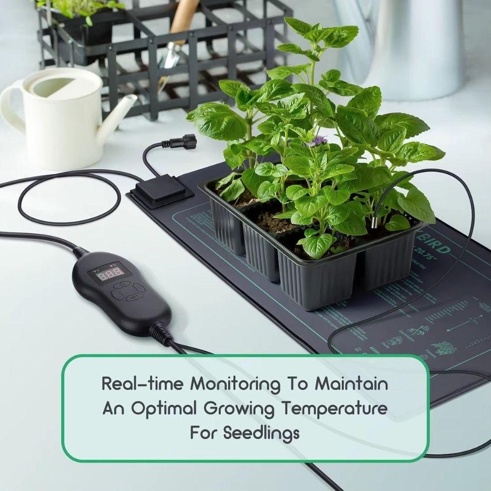 Tapis chauffant pour plantes avec pots de semis et thermostat numérique visible sur la surface
