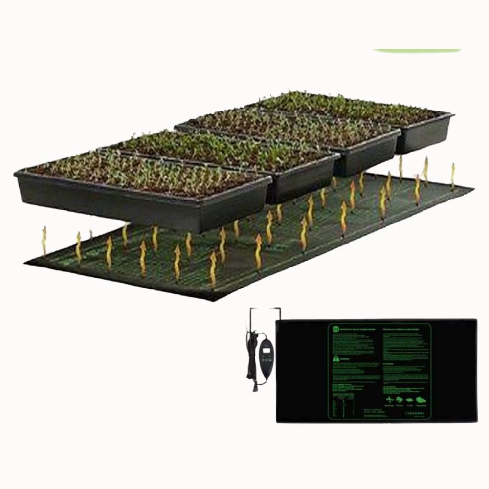 Tapis de culture chauffant XXL avec semis en pots sur un fond noir et câble d'alimentation visible