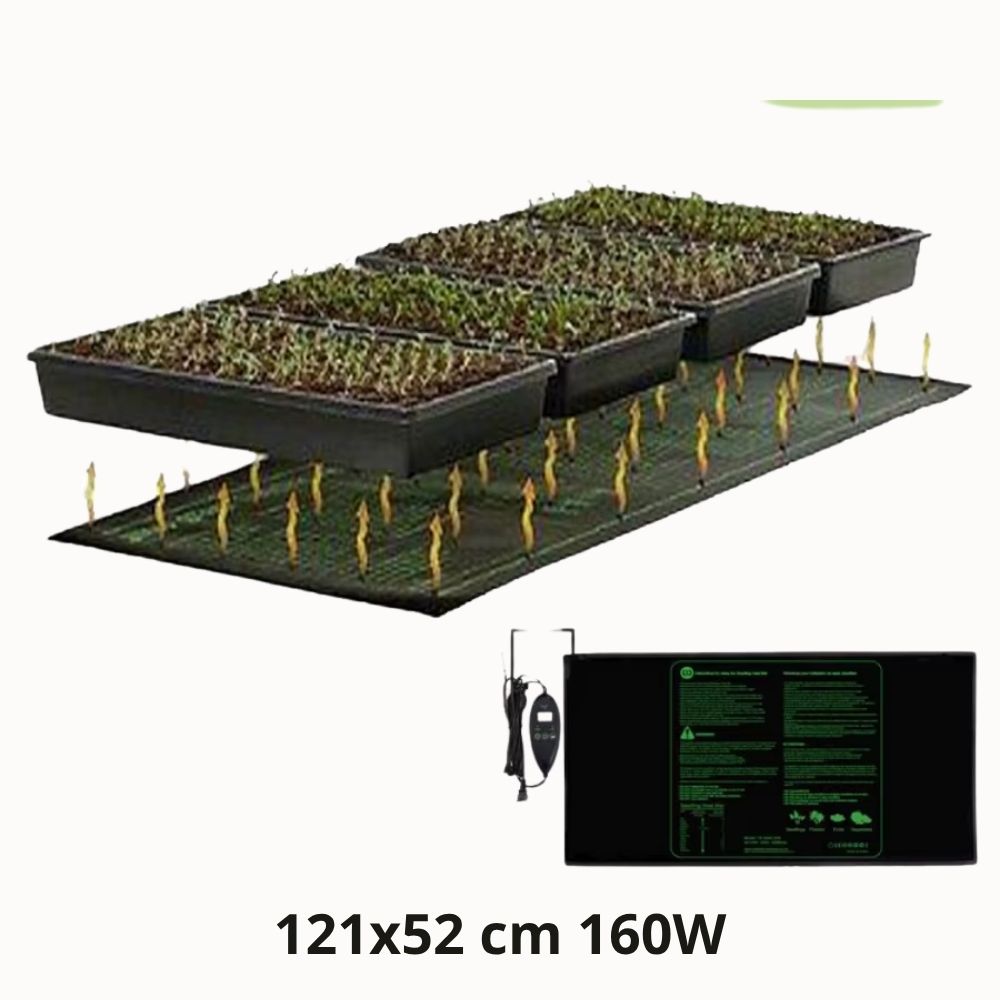 Tapis de culture chauffant 160W avec plusieurs bacs de semis sur une surface étanche et chauffante
