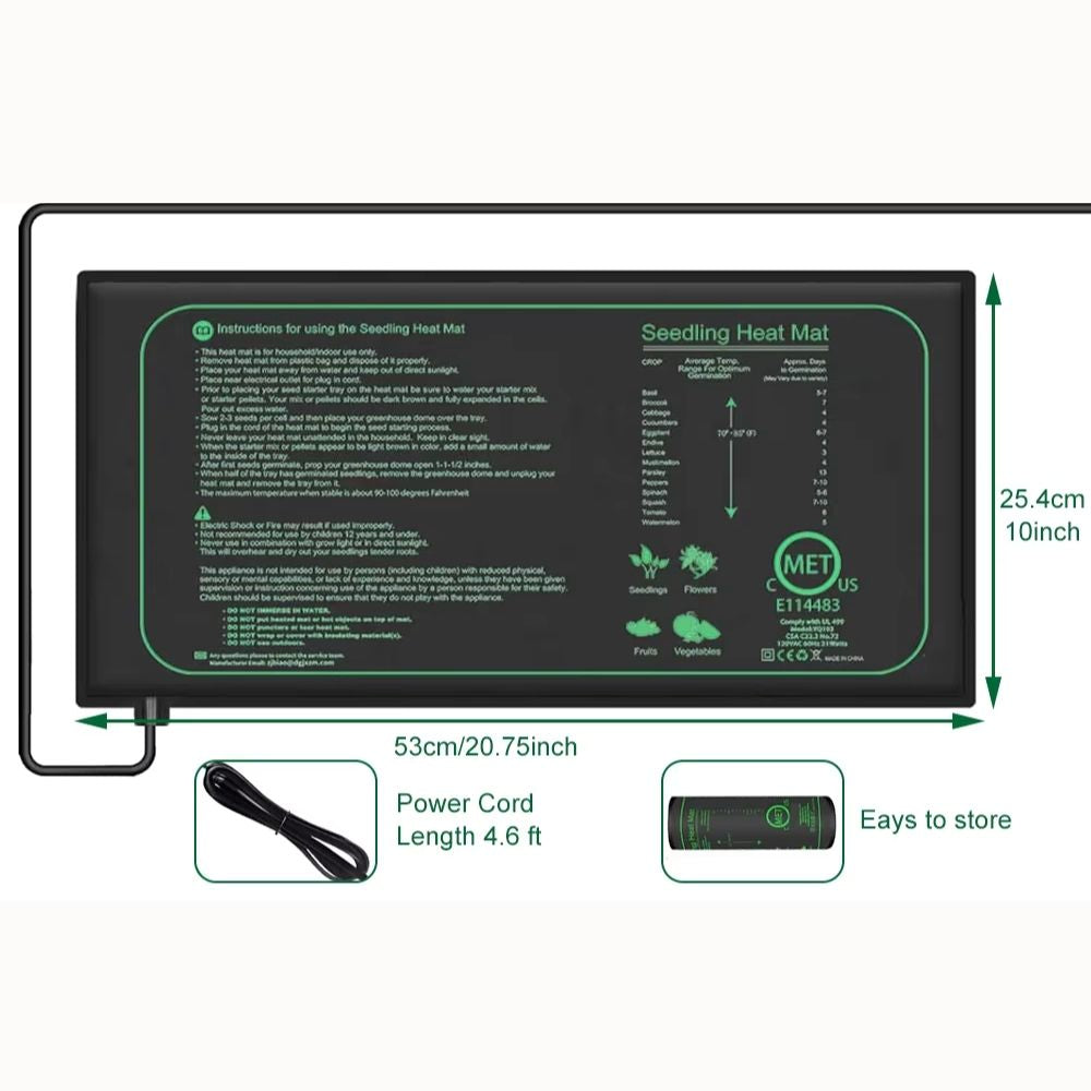 Tapis de culture chauffant 21W de format standard 25x52cm avec cordon d'alimentation visible
