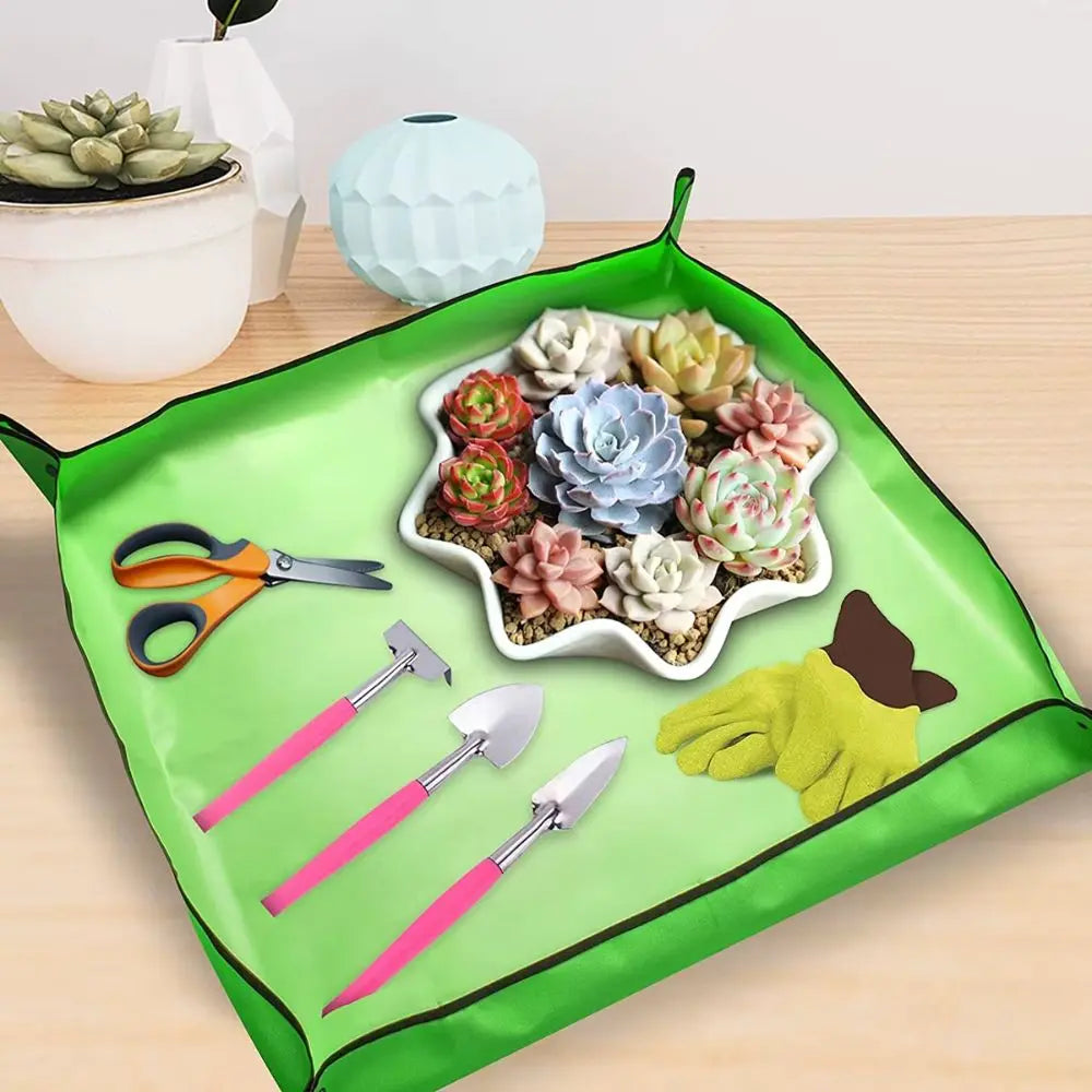Tapis de rempotage vert avec des outils de jardinage, des succulentes et un vase décoratif en arrière-plan