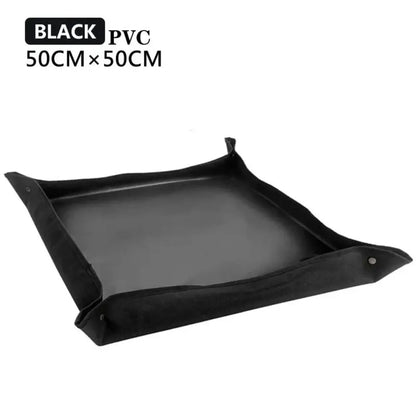 Tapis de rempotage noir en PVC avec bords repliés et surface lisse, idéal pour le jardinage intérieur