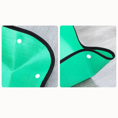 Tapis de rempotage vert avec bords noirs et œillets, posé sur une surface claire et lisse