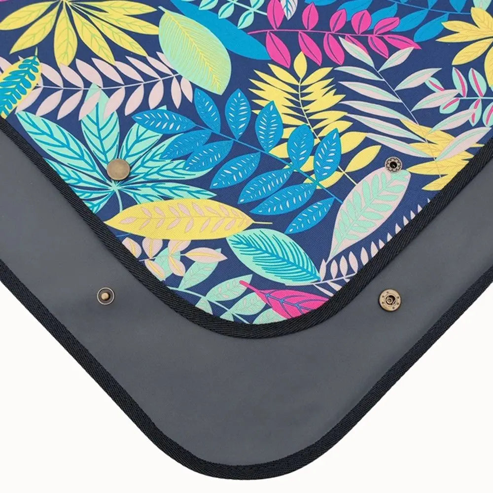 Tapis de rempotage avec motifs de feuilles colorées sur fond bleu et bordure noire