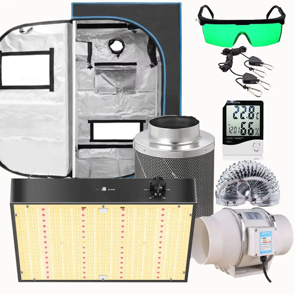 Tente de culture complète avec lampe LED, extracteur, ventilateur et accessoires de jardinage visibles