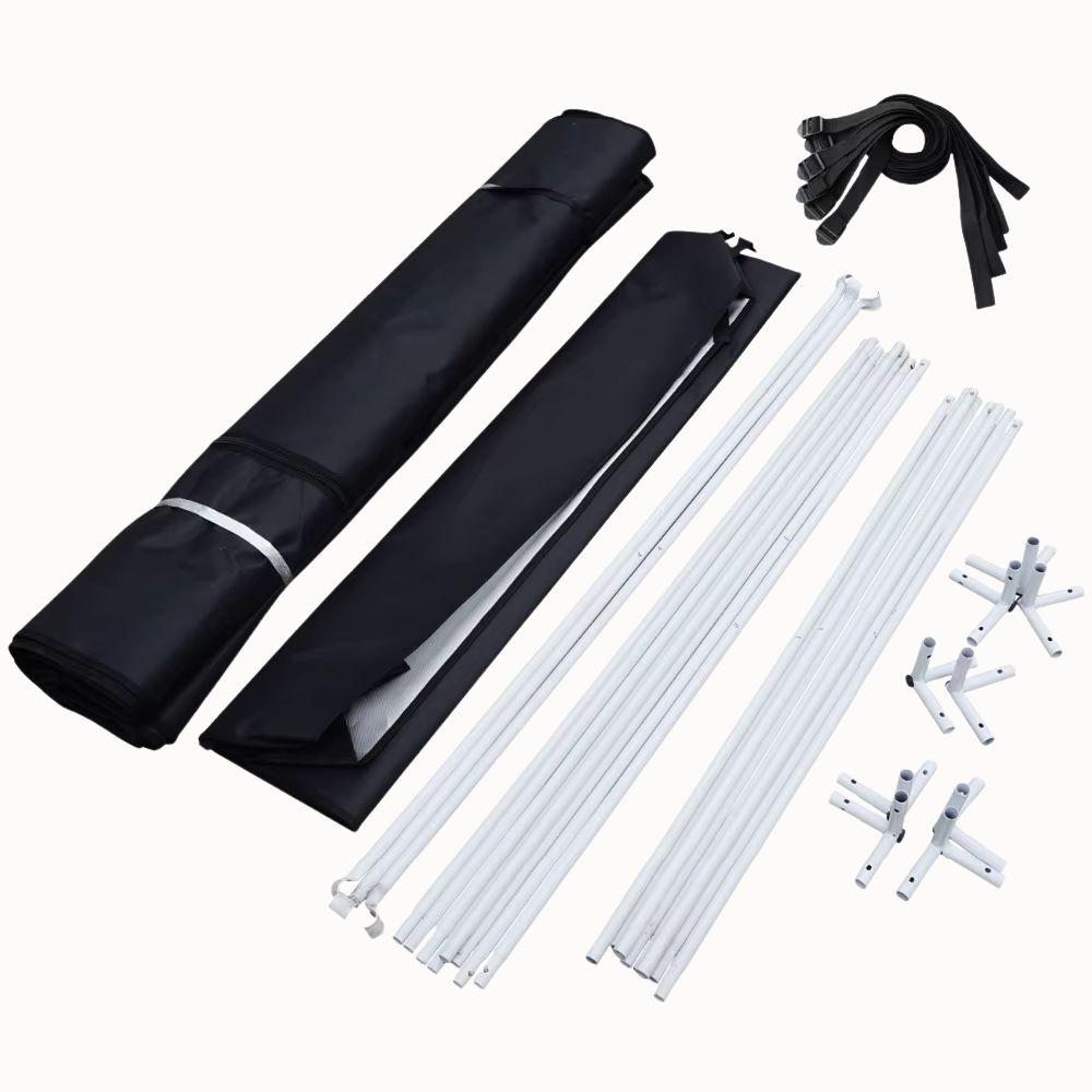 Tubes en métal blanc, pièces de connexion noires et sac de transport noir pour tente de culture