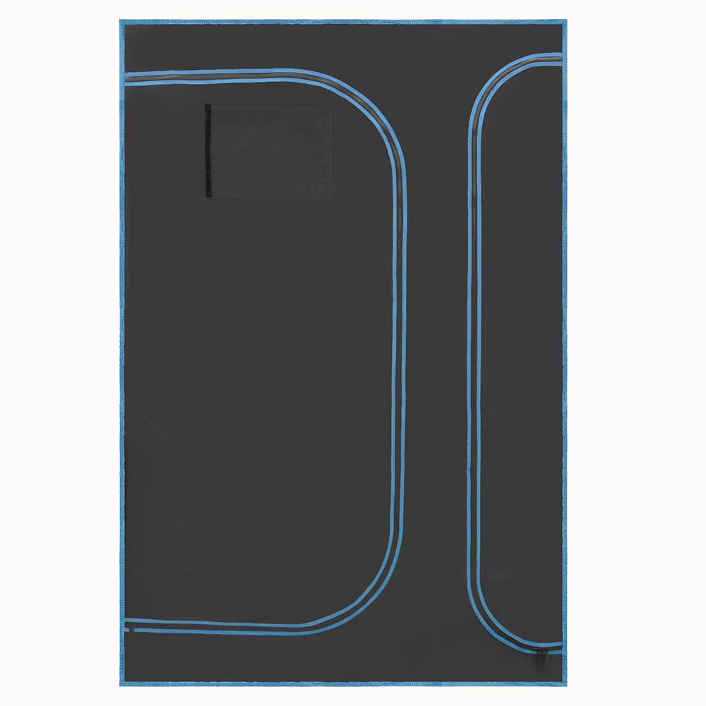 Tente de culture intérieure noire avec des lignes bleues et une ouverture rectangulaire sur le côté