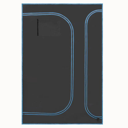 Tente de culture intérieure noire avec des lignes bleues et une ouverture rectangulaire sur le côté