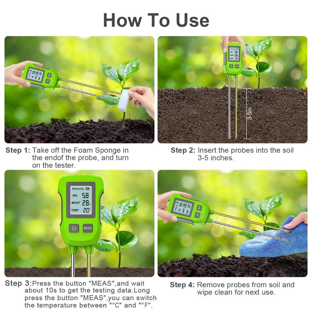 Hygromètre digital avec écran, sondes métalliques et bouton vert sur fond de terre et plante verte