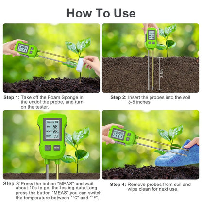 Hygromètre digital avec écran, sondes métalliques et bouton vert sur fond de terre et plante verte