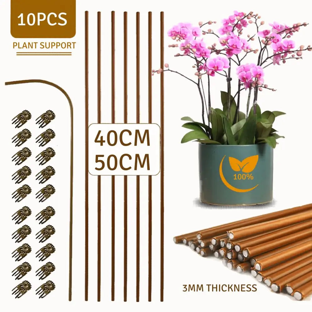 Lot de tuteurs en métal marron, tiges droites et pliables, avec une plante verte et des fleurs roses en arrière-plan